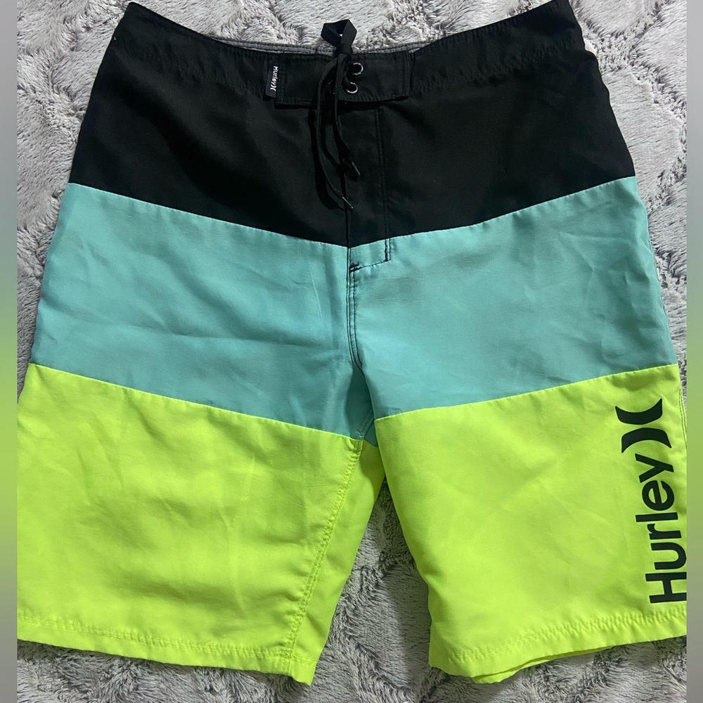 Hurley Boys Colorblock Swim Shorts - Black, Aqua, and Yellow